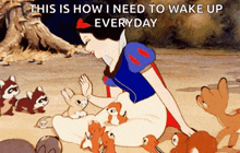 a cartoon of snow white playing with squirrels with the caption " this is how i need to wake up every day "