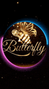 the word butterfly is on a black background with a butterfly on it