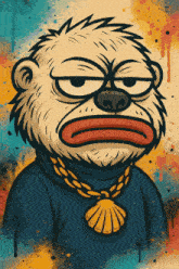 a cartoon of a monkey wearing a blue turtleneck and a gold chain around his neck