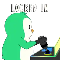 a cartoon of a penguin playing a video game with the words locked in above him