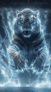 a tiger is surrounded by a glowing blue flame