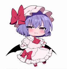 a drawing of a girl with purple hair and a red bow on her head