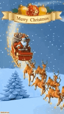 santa claus is flying in a sleigh with reindeer .