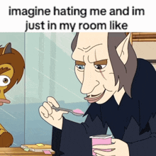 a cartoon of a man eating yogurt with the words imagine hating me and im just in my room like