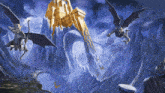 a painting of gargoyles flying over a mountain with a gold castle in the background