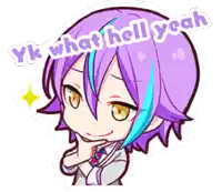 a cartoon of a boy with purple hair and blue streaks says yk what hell yeah .