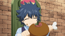 a girl with blue hair is eating a piece of meat with the letter n on her head