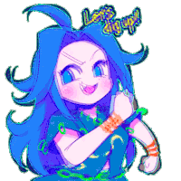 a cartoon character with blue hair and the words let 's dig up on her head