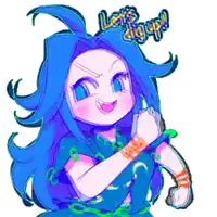 a cartoon character with blue hair and the words let 's dig up on her head