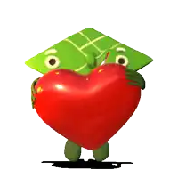 a cartoon character is holding a red heart and a green map