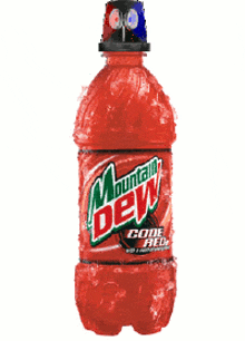 a bottle of mountain dew code red with a cartoon character on top