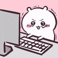 a cartoon drawing of a bear sitting at a computer keyboard