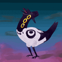 a black and white bird with yellow eyes and a hat on