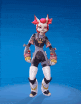 a cartoon character with red hair and white pants is standing on a blue background