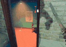 a shadow of a person is cast on a brick wall in a video game