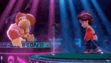 donkey kong and a girl singing into a microphone