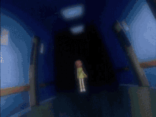 a girl in a yellow dress is standing in the dark