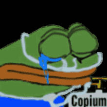 a pixel art of a frog crying with copium written on the bottom
