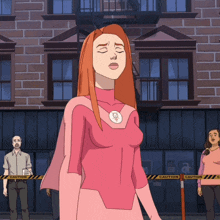 a woman in a pink superhero costume stands in front of a brick building