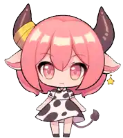 a little girl with pink hair and horns is wearing a cow dress