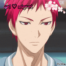 a picture of a red haired anime character with the words sei miguel on top