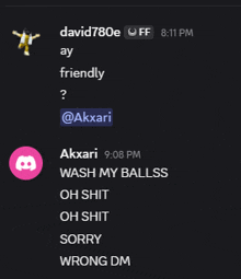 a screenshot of a conversation between david780e and akxari at 8:11 pm