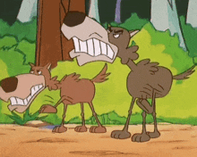 a cartoon of two dogs standing next to each other in a forest .