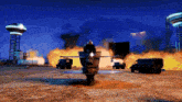 a video game scene with a plane on fire and a helicopter in the background