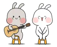 a cartoon rabbit playing a guitar and another rabbit sitting on a stool