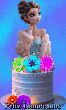 a picture of a girl on top of a cake with the words feliz cumpleanos below it