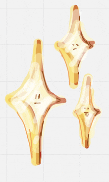 a cartoon drawing of three gold stars with faces