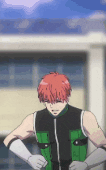 a man with red hair and white gloves is wearing a green vest .