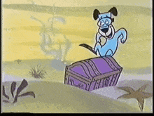 a cartoon dog is standing on top of a purple treasure chest