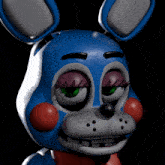 a blue and white bunny with green eyes and pink eyelashes