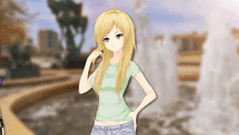 a blonde anime girl with blue eyes stands in front of a fountain