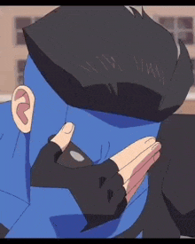 a cartoon of a man with blue hair and black gloves covering his face with his hands .