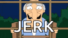 a cartoon of an old man behind bars with the word jerk below him