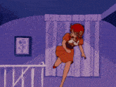 a cartoon of a woman dancing in front of a purple curtain