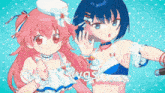 two anime girls standing next to each other with the word vvgs on the bottom right