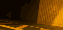 a painting of a dark room with a yellow door