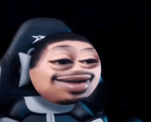 a man with a beard is sitting in a chair with a cartoon face on his face .