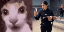 a woman in a police uniform is taking a selfie with her phone