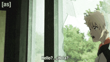 a cartoon character is looking out a window and says hello