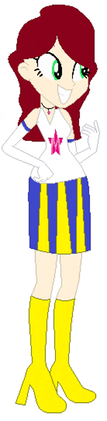 a cartoon girl with red hair is wearing yellow boots and a blue and yellow skirt