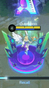a screenshot of a video game shows a queen beess standing on a stage with a piano in the background