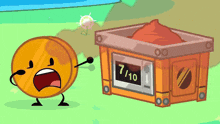 a cartoon character standing next to a box that says 71/10 on it