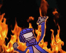 a cartoon character wearing a helmet is standing in front of flames