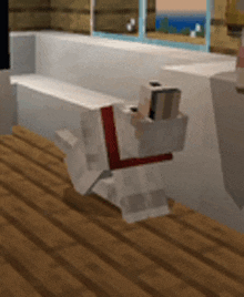 a minecraft dog is sitting on a wooden floor .