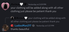 a screenshot of a text message between reina and ladiesman217