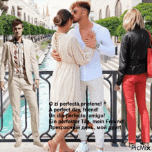 a picture of a man kissing a woman with a caption that says zi perfecta prietene a perfect day friend